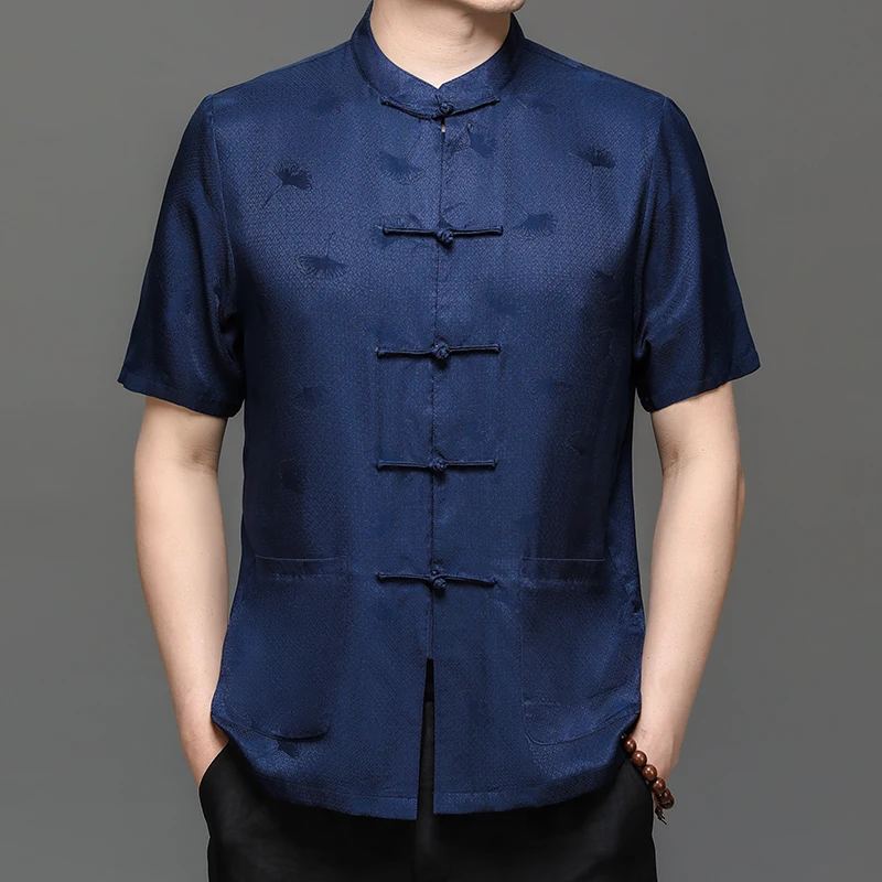 High-End Jacquard Silk Shirts For Men Short Sleeved Frog Pockets Summer Coolness Lightweight Quality Loose Fit Camisas De Hombre