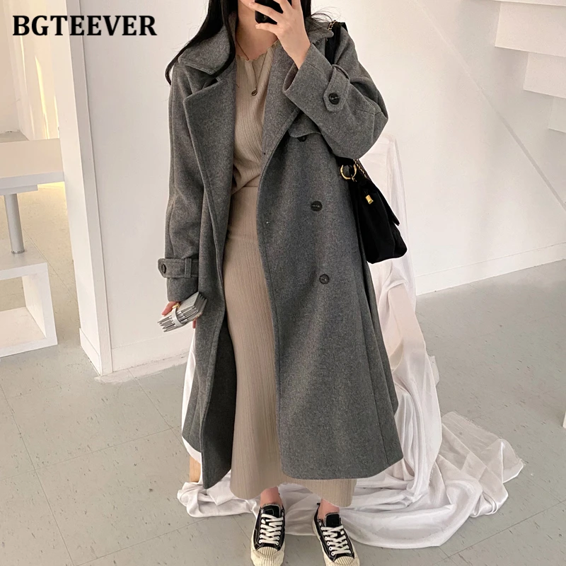 

BGTEEVER Vintage Long Sleeve Thicken Warm Ladies Double Breasted Woolen Coats Winter Elegant Lapel Loose Female Blend Jackets