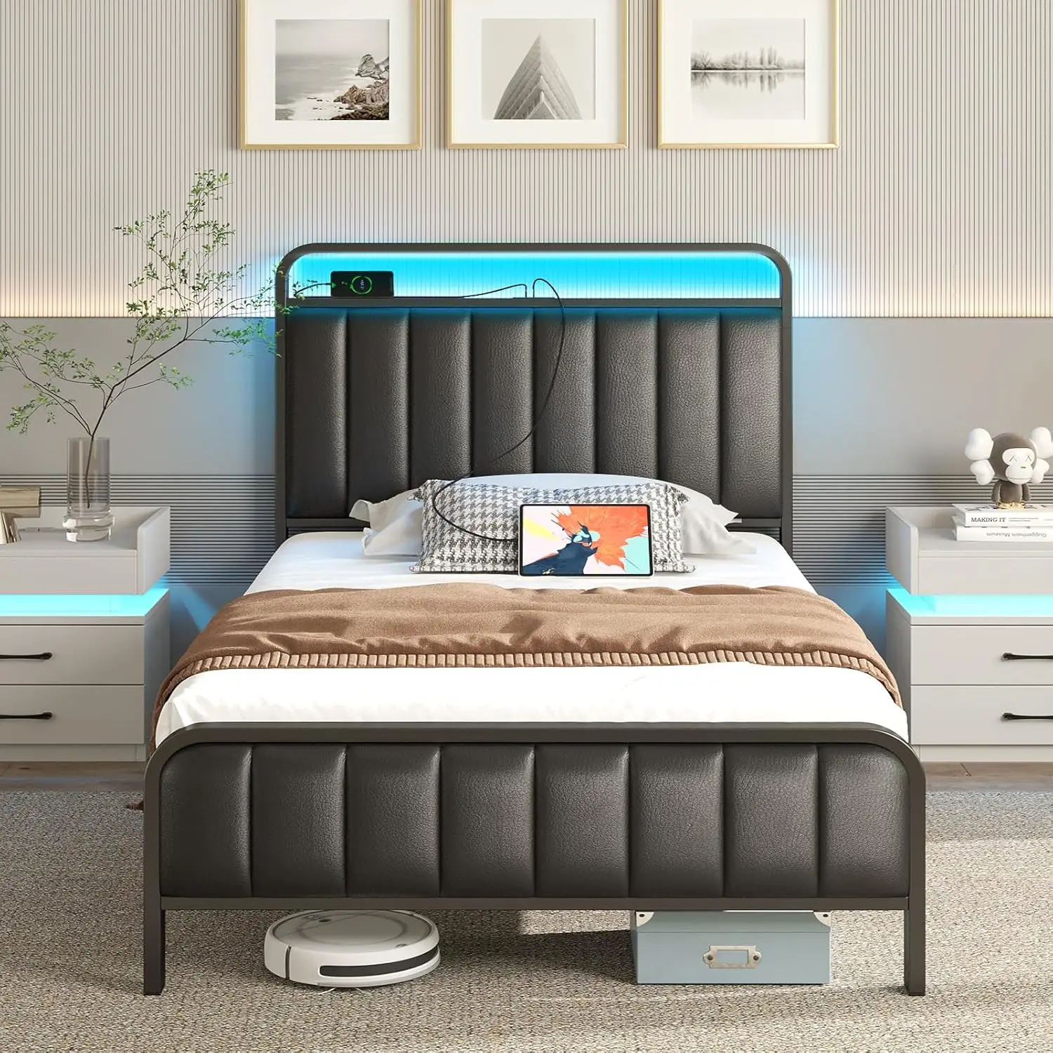 

Twin Upholstered Platform Bed Frame with LED Light & USB Charging Station Noise-Free Metal Slats Easy Assembly, Customized