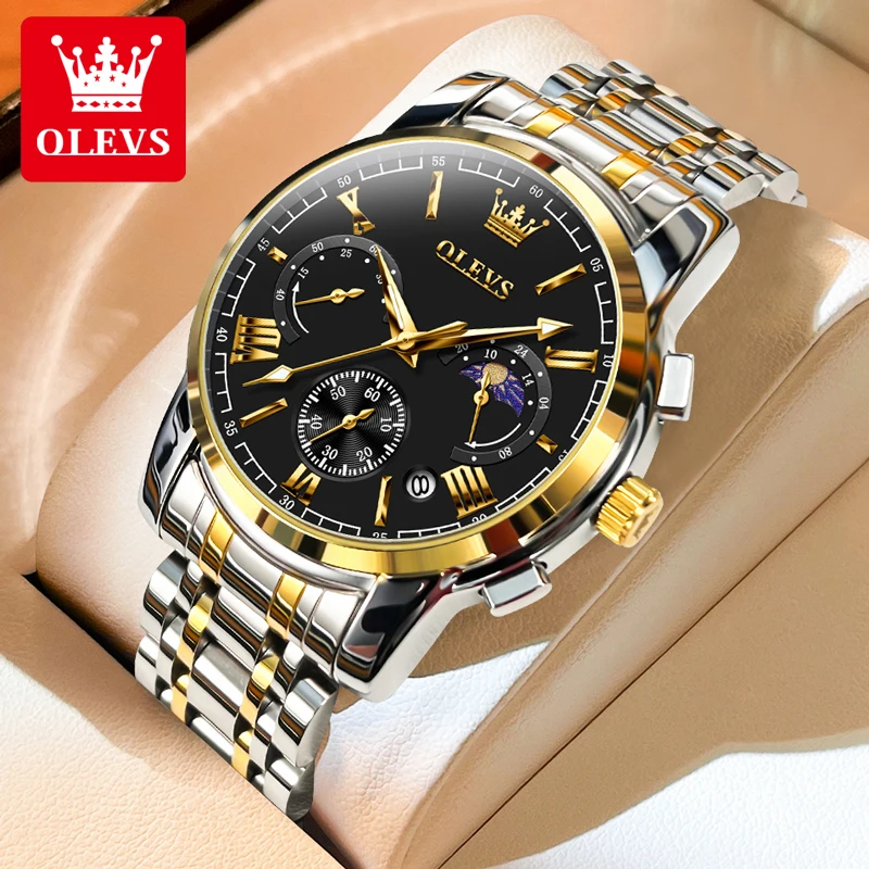 OLEVS 2895 Classic Gold Black Men\'s Watch Multi-function Roman Scale Wristwatch