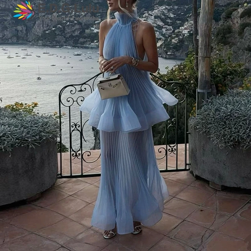 EDGLuLu فساتين سهرة مثيرة بدون أكمام متجعدة بحافة أوراق اللوتس امرأة أنيقة وردي أبيض فستان زفاف طويل 1018 #1