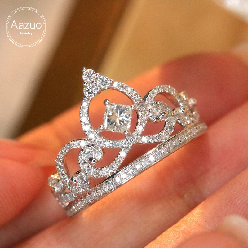 

Aazuo Fine Jewelry 18K White Gold Natrual Diamond Crown Fairy Wedding Ring Gift For Women Luxury Engagement Halo anillos mujer