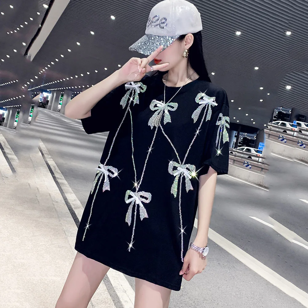 2022 Summer Fashion Streetwear Rhinestone Bow T-Shirt Women Casual Loose Tees Lady Tops S-4XL 40-150KG
