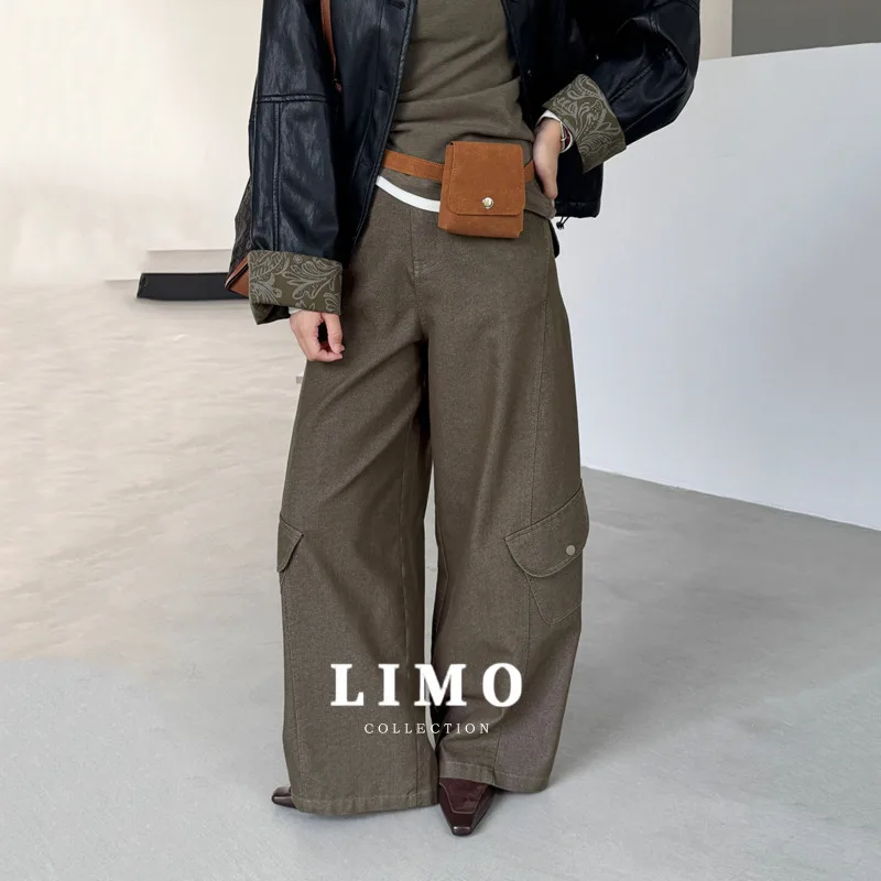 

LIMO 2025/Осенне-зимние брюки-карго Y2K для женщин, повседневные широкие брюки из хлопка и полиэстера с высокой талией и большими карманами
