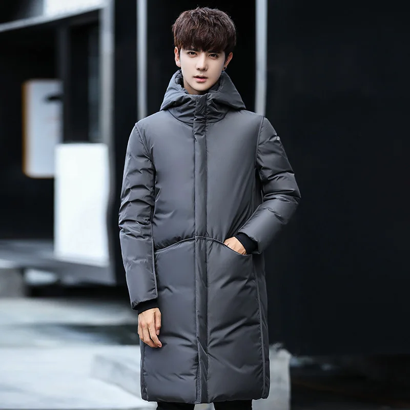 Men Down Jacket Long Coat Thicken Warm Hooded Puffer Jacket Simple Casual Trendy Youth Teenager Winter Clothes Outerwear Parka