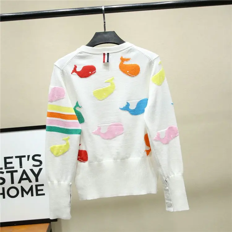 2023 Autumn/Winter New Colorful Whale Embossed Pattern Women Sweater Casual Loose Round Neck Female Pullover Knit