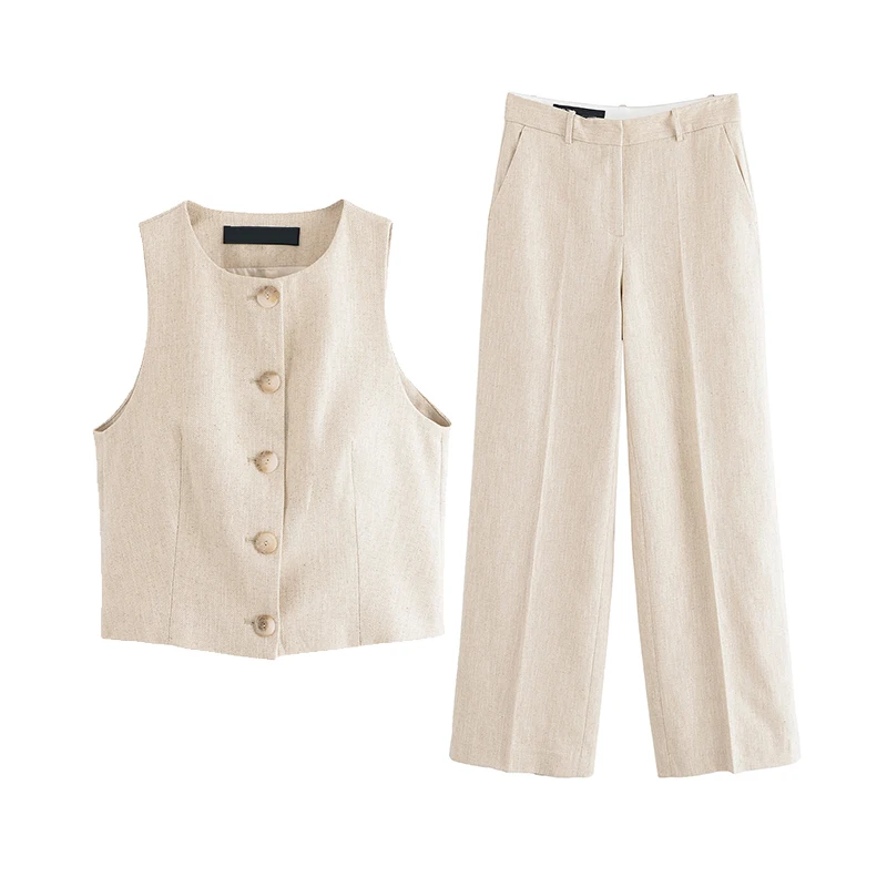 مجموعة أزياء نسائية جديدة من Z 2025، بنطلون عالي الخصر من ألياف البوليستر، صدرية مخططة بشكل قطري، بنطلون مستقيم الساق