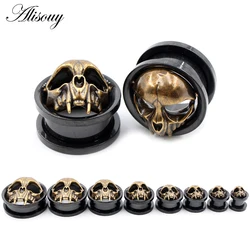 Alisouy 2PCS Black Stainless Steel Skull Skeleton Ear Plugs Tunnels Expander Stretchers Gauges Earrings Piercing Body Jewelry