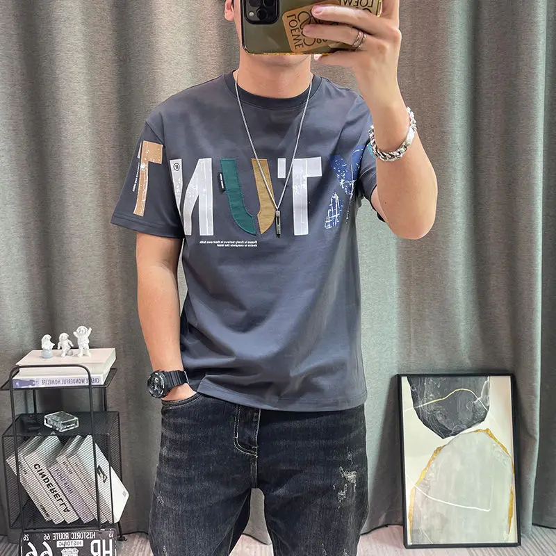 2023 Summer New Fashion Street Letter Printing T-Shirts Man Korean Style Round Neck Short Sleeve Loose Casual Cotton Pullovers