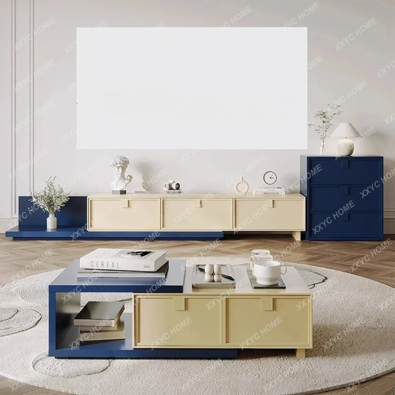 

LSimple modern TV cabinet coffee table combination retractable solid wood living room small apartment dopamine