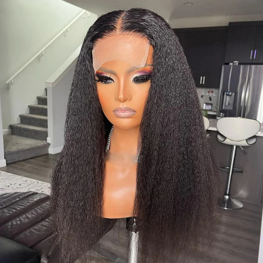 부드러운 자연 블랙 변태 스트레이트 26 인치 긴 야키 180 밀도 깊은 레이스 프런트 가발 아기 머리카락 Preplucked Glueless 여성을위한