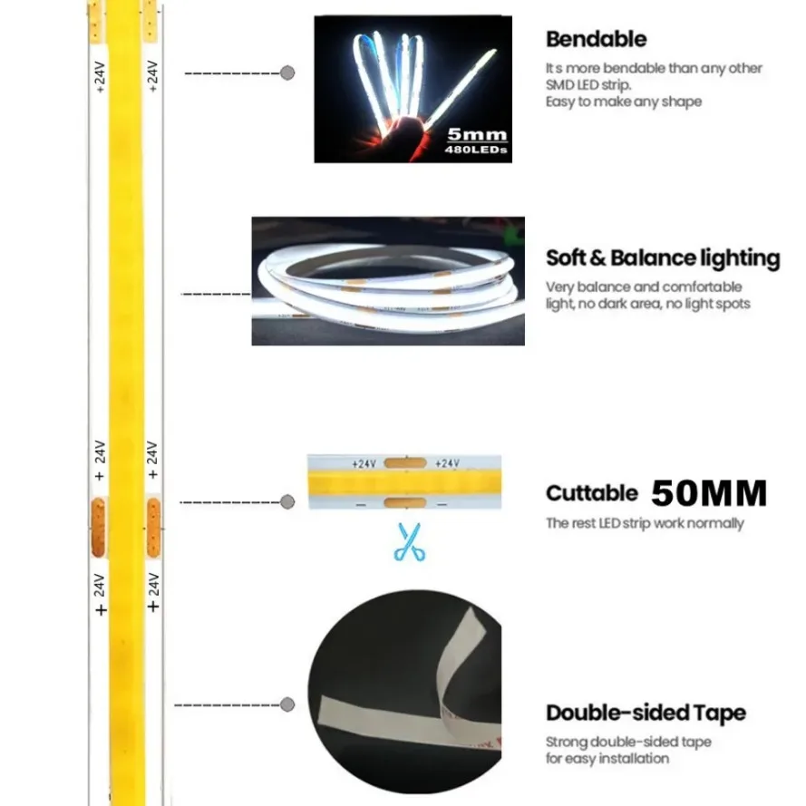 5mm pasek COB LED 480 diod LED/M wysokiej gęstości elastyczny FOB DC12V/24V lekki pasek ciepły zimny biały 3000K 4000K 6000K dla oświetlenie