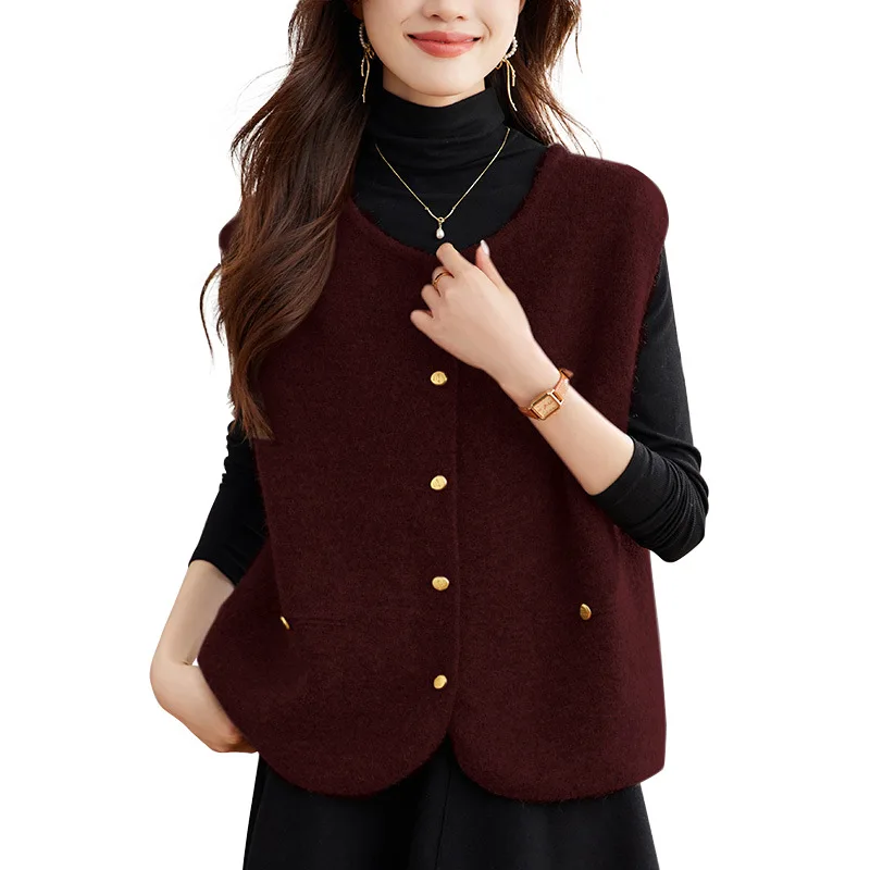 Modny dzianinowy okrągły kardigan bez rękawów damski jesienny nowy styl koreański uniwersalny lekki długi sweter