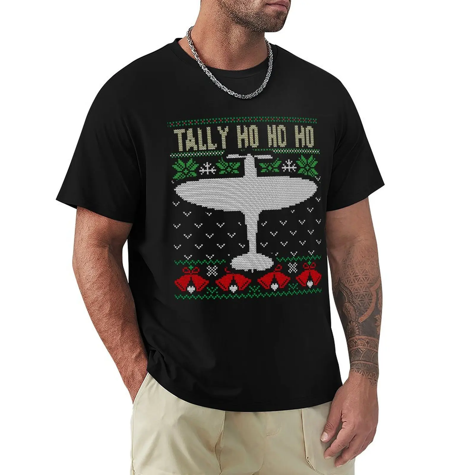 Spitfire Fighter Christmas Ugly Jumper Style Aircraft RAF Plane WW2 Aeroplane T-Shirt Minimalist Casual Short Sleeve Top