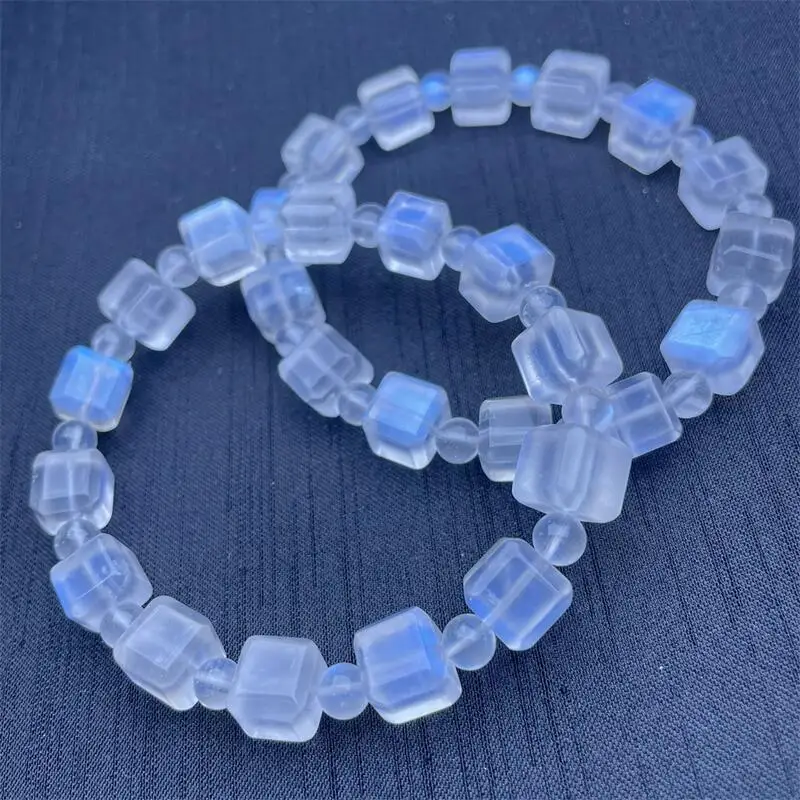 10MM Natural Blue Moon Stone Cube Bracelet Healing Visuddhi Chakra Stress Relief Reiki Yoga Energy Holiday Gifts 1PCS