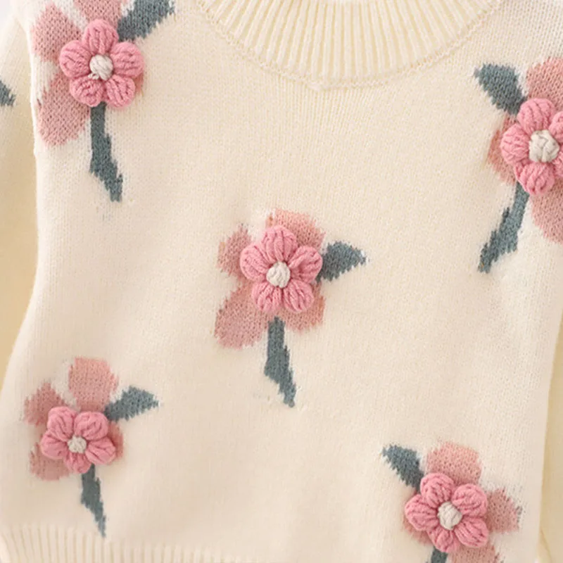 Girls Floral Knitted Sweaters Autumn Toddler Pullover Knitwear Cotton Clothes Baby Kids Outwear Appliques Sweater Tops GY06041 image 6