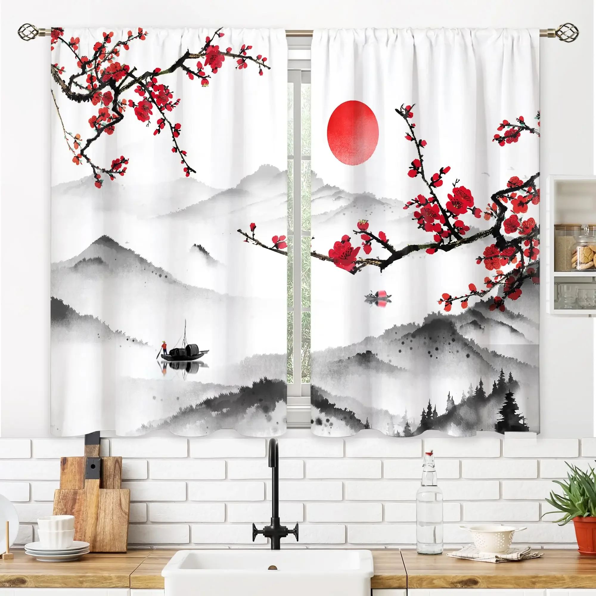 Watercolor Chinese Landscape Curtain Red Blossoms Mountain River Window Drapes Home Decor