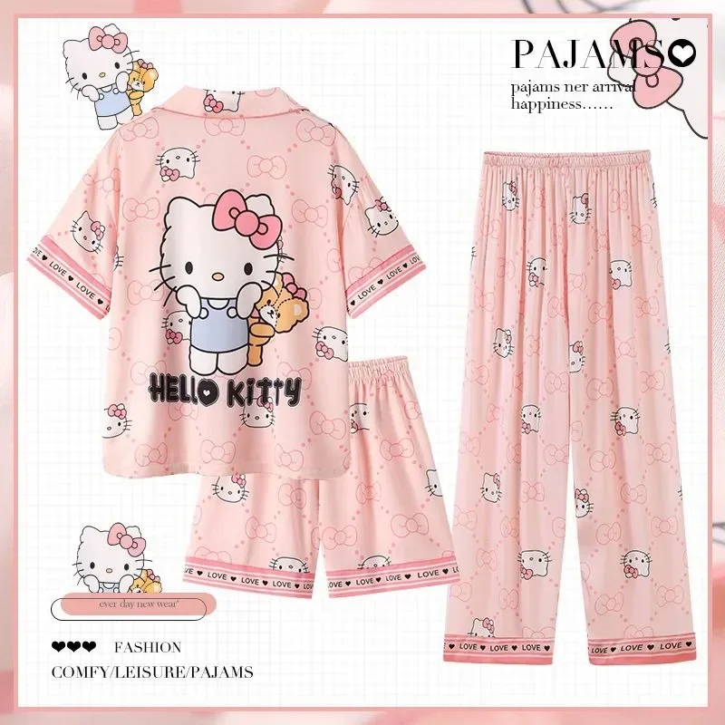 Hello Kitty cute Cinnamoroll Kuromi My melody Pochacco ice silk pajamas for women summer new kawaii student plus size home wear