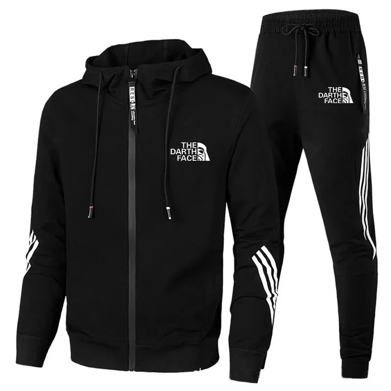 Men's spring and autumn new sportswear fitness basketball jogging 2-piece zip-up hooded jacket + trousers fashion casual suit