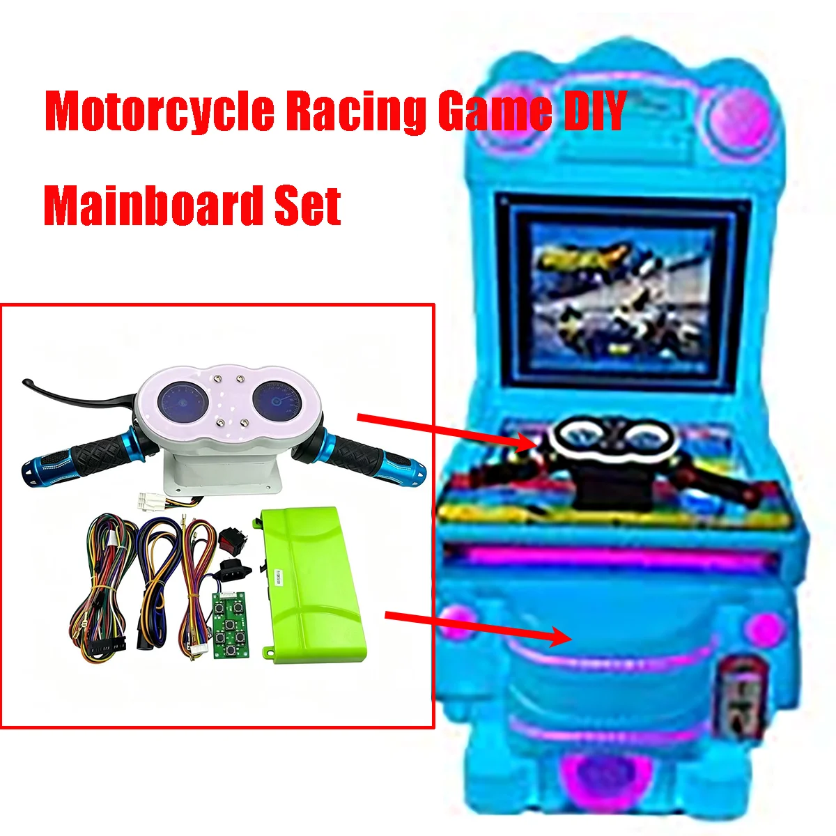 Kit de Simulation de Course de Moto pour Enfants, Jeu d'Arcade HD, Carte Mère et Câbles, Guidon LED, 6 Jeux au Choix