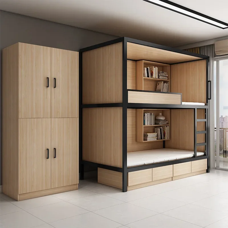 Upper and lower bunk beds School dormitory apartment bed Youth hostel space capsule all-inclusive bed Steel wood combined mother