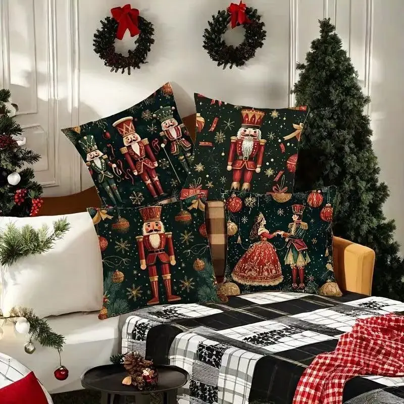 VIKAMA Christmas Set Pillow Covers Embossed Style Santa Snowman Reindeer Print Cushion Cases Sofa Couch Holiday Home Decor
