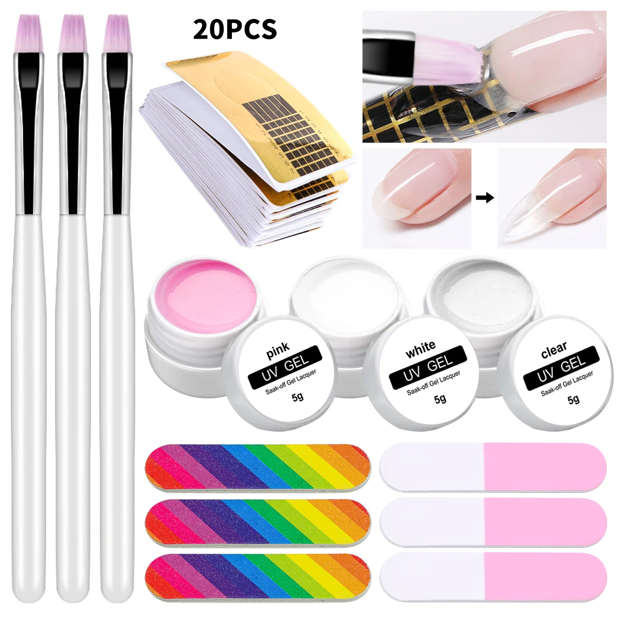 3 색 네일 확장 UV 젤 세트 손톱 손가락 확장 핑크 화이트 클리어 UV 솔리드 젤 폼 팁 프랑스어 네일 아트 DIY 도구