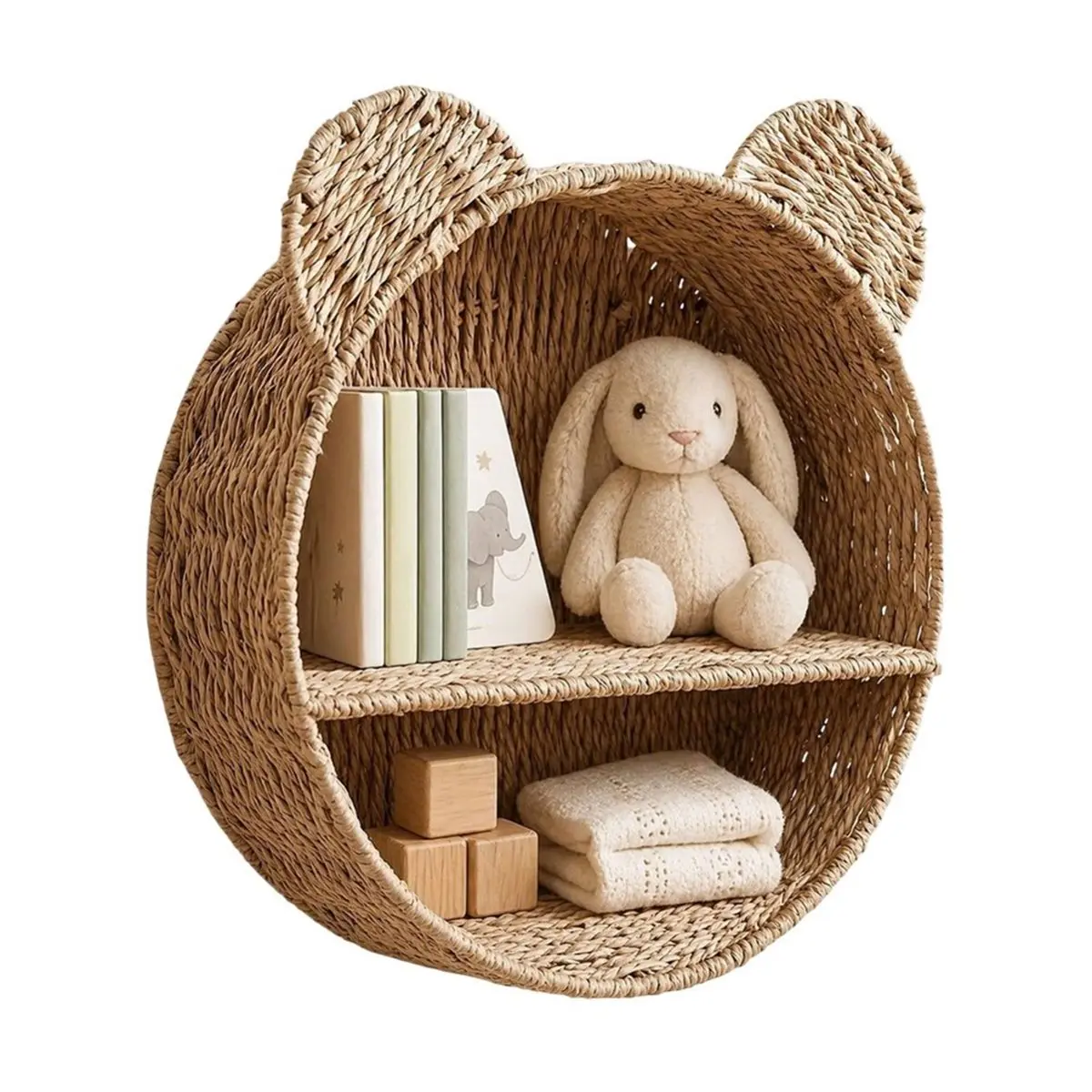 Workshop Gear Woven Wall Basket Shelf Bear Nursery Decor,Boho Handwoven Hanging Wall Decor for Kids Room, Paper Rope Stuffed Ani