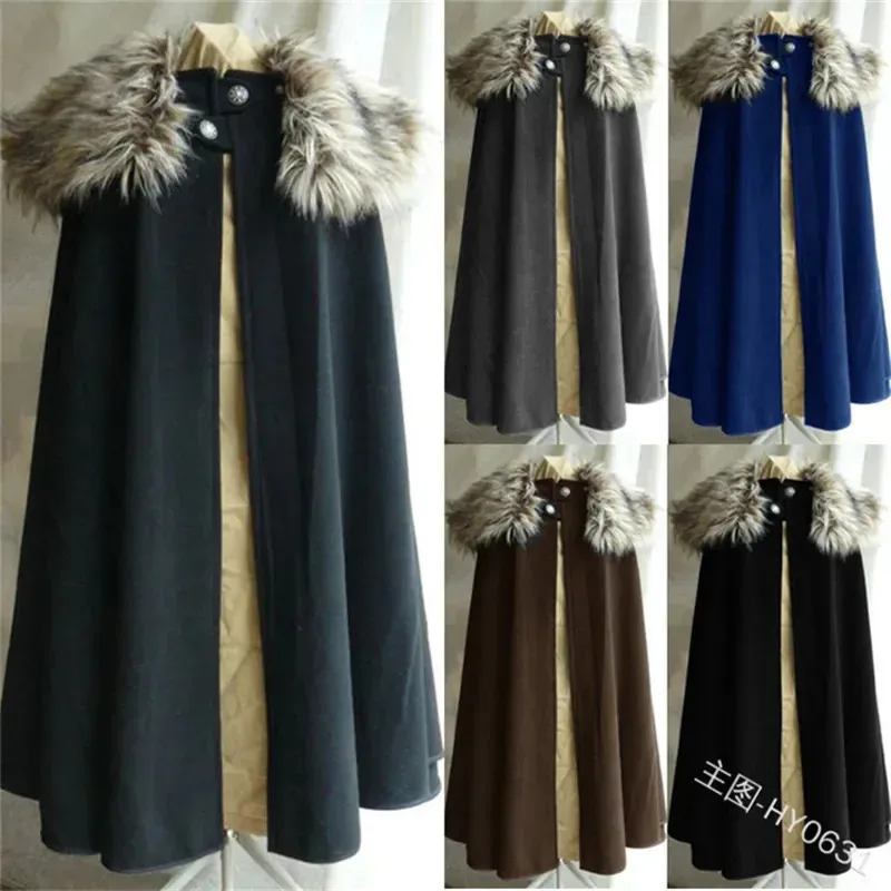 

Halloween Costume 3XL Men's Medieval Costume Cloak Winter Fur Collar Viking Cosplay Cape Coat High Quality Gothic Women Cape