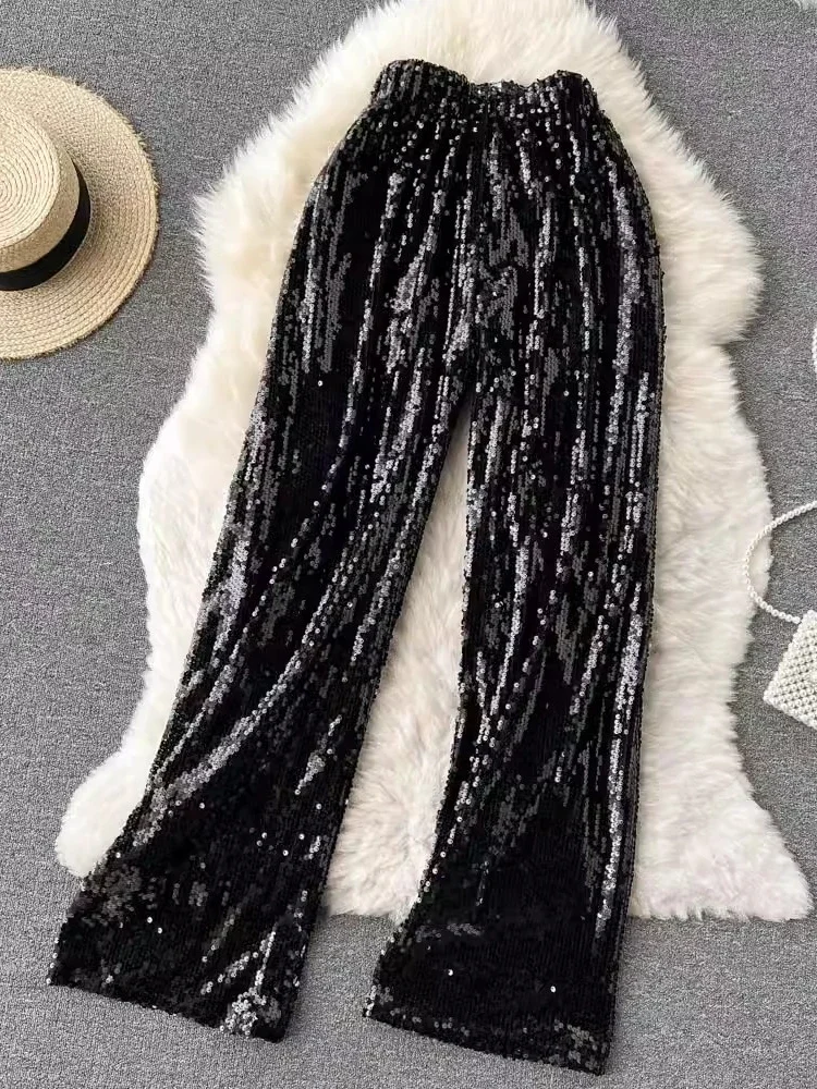 Biling Sequin Straight Pants Stage Party Night Shop Clothes Korean Chic Shiny Casual High Waist Slimming Wide Leg Trousers Women