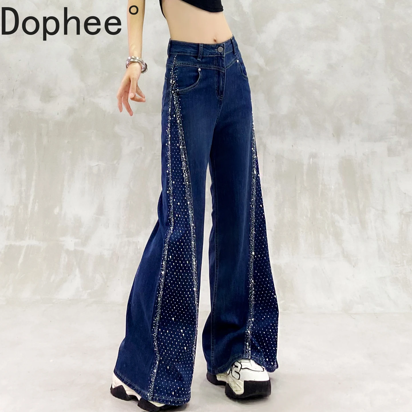

Blingbling Side Hot Drilling Flare Jeans Women New Spring Summer High Waist Stretch Wide Leg Pants High Street Denim Trousers