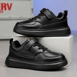 Baskets en Cuir PU Noir et Blanc pour Enfant, Chaussures de dehors Décontractées pour Garçon de 6 à 12 Ans