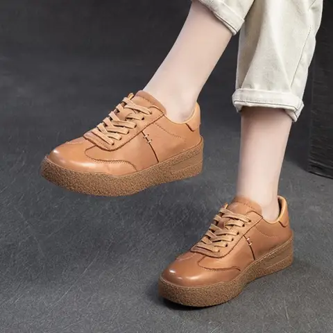 Johnature 2026 Spring New British Style Flat Shoes Casual And Versatile Genuine Leather Soft Soled Lace-up Women's Shoes