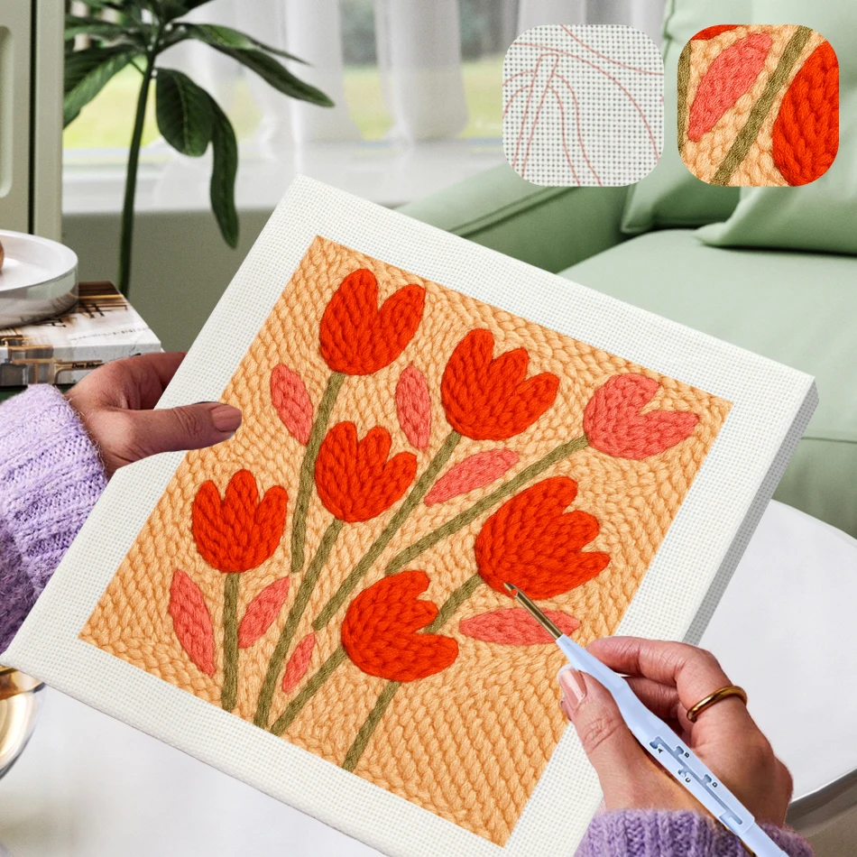 

GATYZTORY punch needle embroidery kit for beginners flowers with frame 25X25cm Yarn Diy Set Handiwork Artwork Sewing accessories