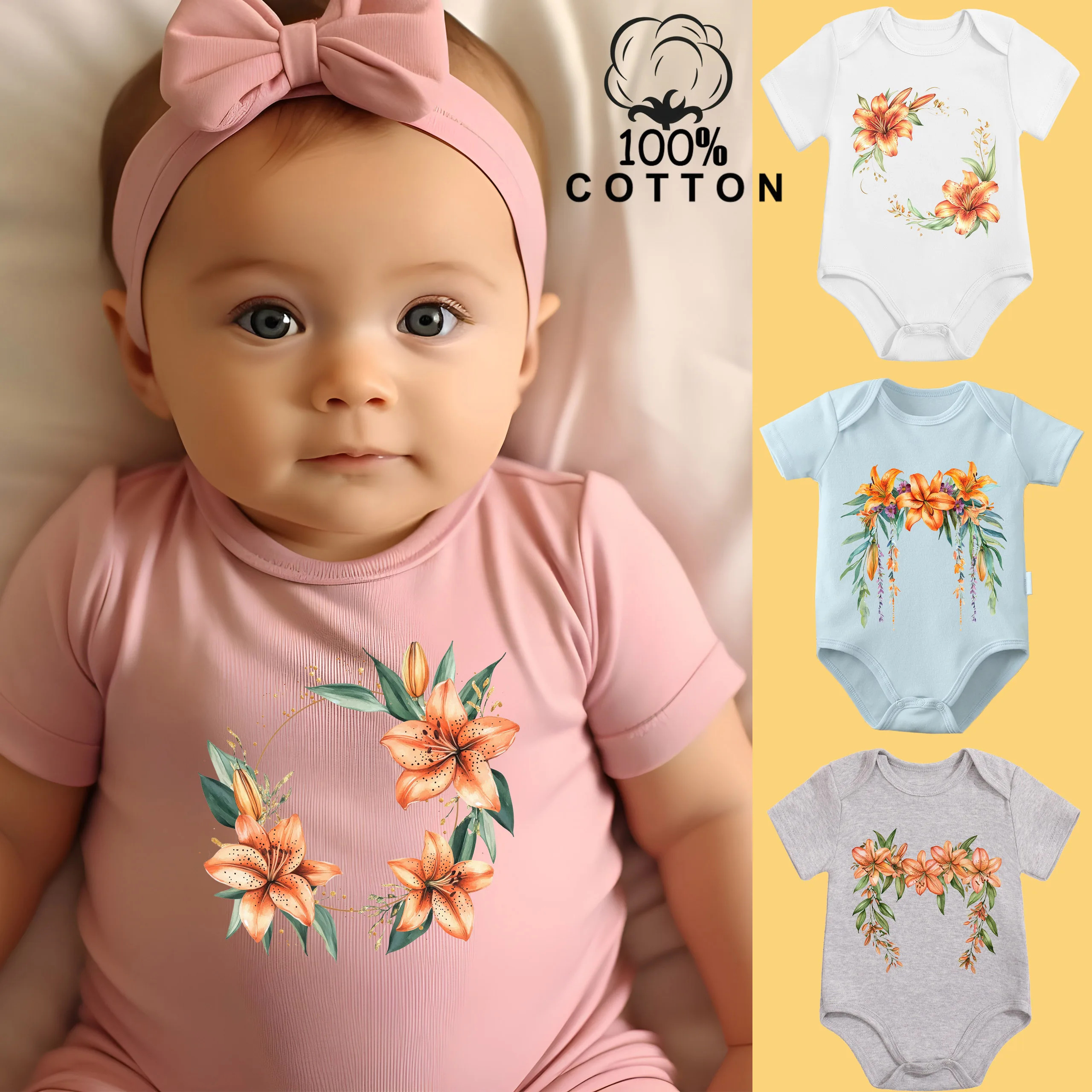

100% Cotton Onesie I'm Newborn/ Beautiful Lily Print Bodysuit Comfortable Cloth for Baby Jumpsuit for 0 To 12 Months Newborn