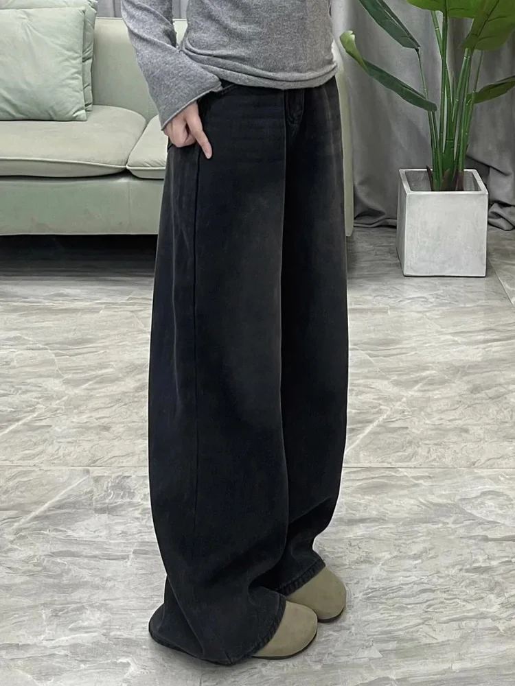 

Американские джинсы с высокой талией и широкими штанинами для женщин, осенне-зимние, больших размеров, свободного кроя, стройнящие, длиной в пол, прямые.