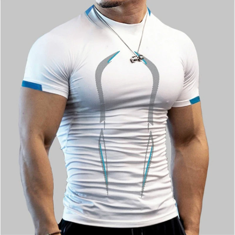 Camisa de compressão de manga curta para homens, camisa esportiva de secagem rápida, fitness e running, academia e musculação