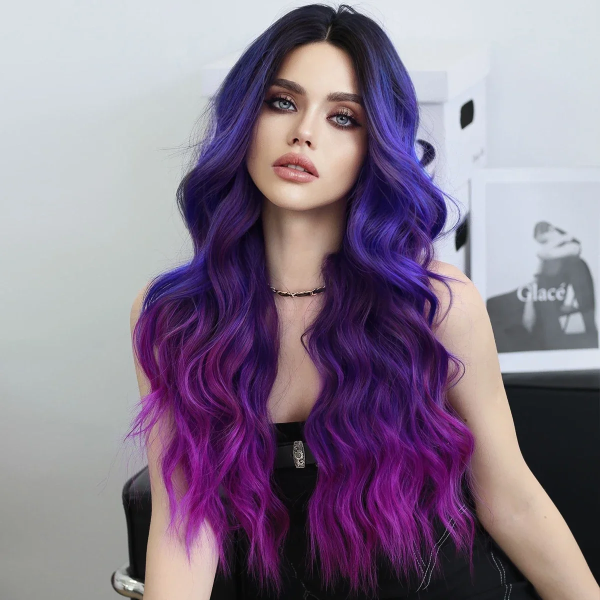 HD Transparent Lace Front Wig Blue Ombre Purple Body Wavy Wigs with Bangs High Density Synthetic Lace Frontal Side Part Wigs