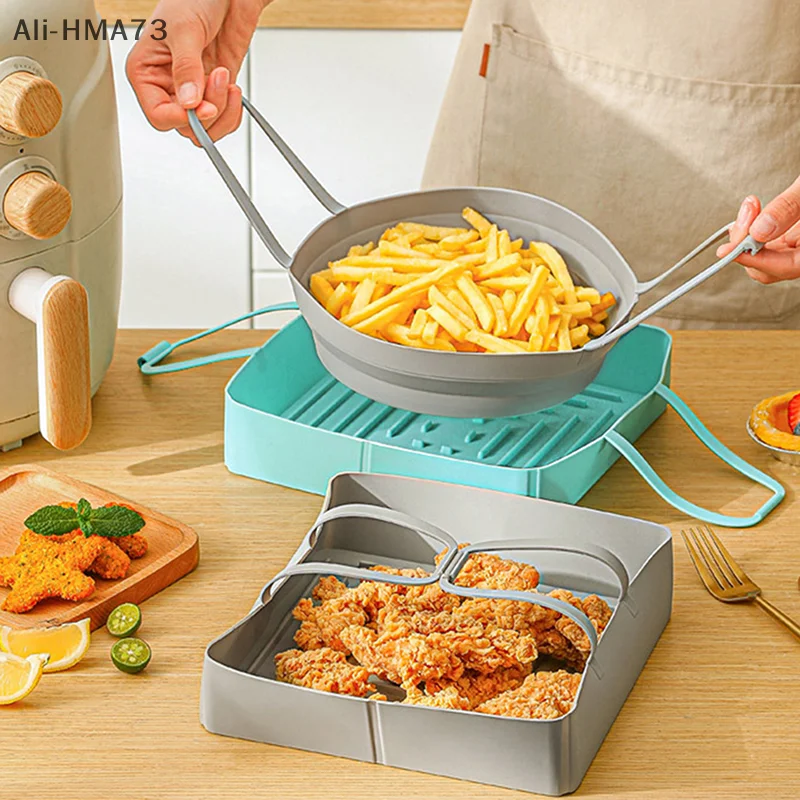 

HMA73-Silicone Air Fryer Liner Pot Round Square Silicone Basket Bowl With Handle Heat Resistant Baking Tool Pads Kitchen