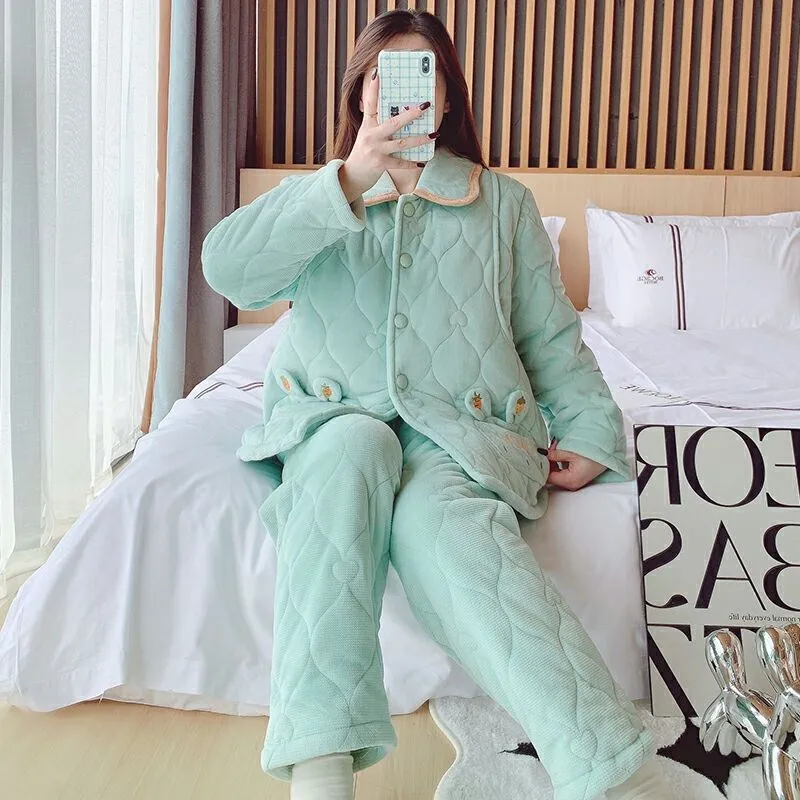 

Pregnant Women's Sleepwear Winter Thickened Fleece 12 Months Postpartum Nursing Home Clothes Adjustable Warmth Late Pregnancy