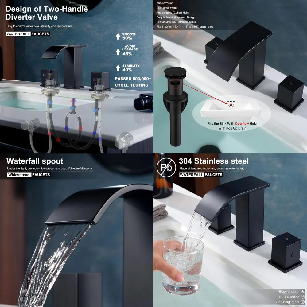 

8 матовых черных широко распространенных смесителей для раковины в ванной комнате с 3 отверстиями и 2 ручками и современным квадратным дизайном водопада, включает в себя выдвижной слив