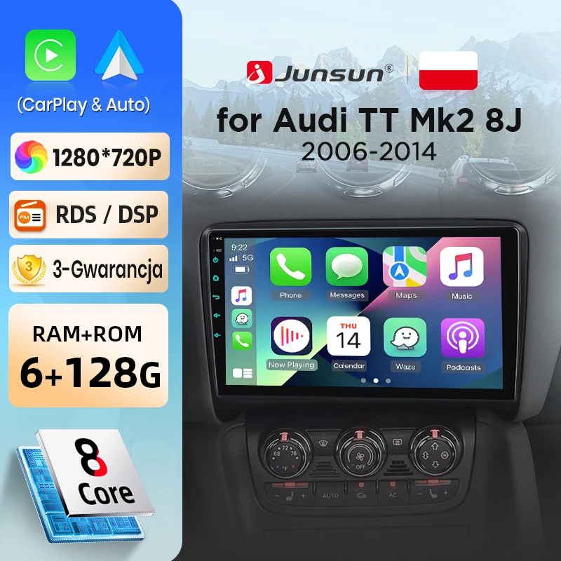 Junsun para Audi TT 2 2006-2014 9 Pulgadas 4GB 64GB Android 13 Auto Radio GPS Navegación Carplay Radio Coche DSP Bluetooth FM Soporte Control Volante USB AUX Entrada Listo Cámara Retroceso Video 1080P Pantalla Dividida Plug and Play