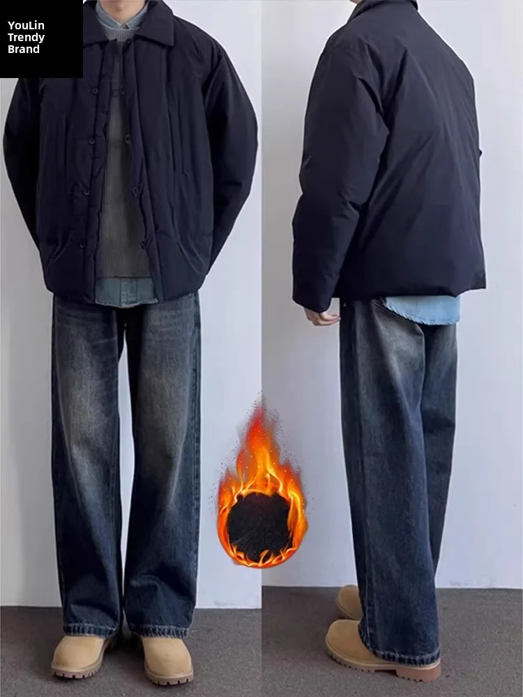 

Темно-синие мужские джинсы на подкладке, свободные широкие брюки для спецодежды, повседневные брюки прямого кроя, весна-осень, американский ретро