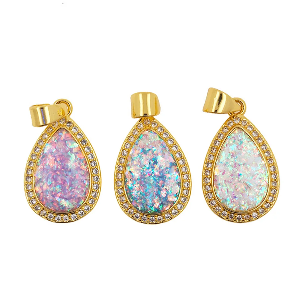 New Trendy Fahsion Opal Water Drop Pendant Copper Gold Plated Couple Necklace Accessories CZ Charms Jewelry For Women Men