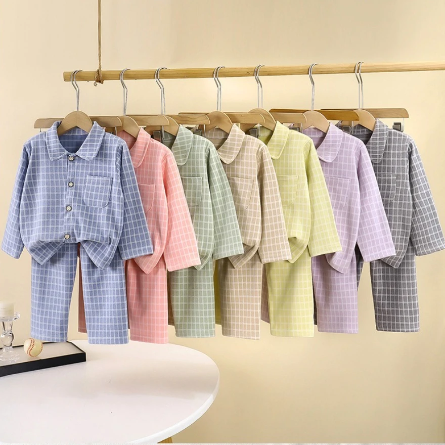 Детский пижамный комплект для мальчиков и девочек, осенне-зимняя домашняя одежда с термоворотным воротником, повседневная уютная клетчатая детская домашняя одежда для подростков, одежда для сна из 2 предметов