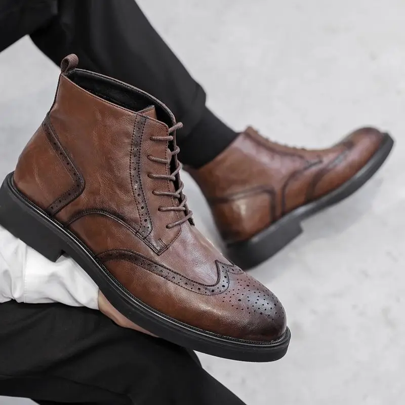 

2025 Brogue Ankle Men Black New Soft Leather British High-top Leather Business Wedding High-end Shoes