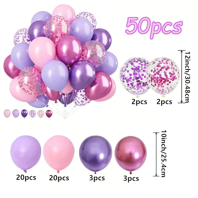 50PCS Balloon Set For Weddings, Birthdays, Macaron Pink Purple Metal and Confetti Balloons, Used For Indoor and Outdoor Party De