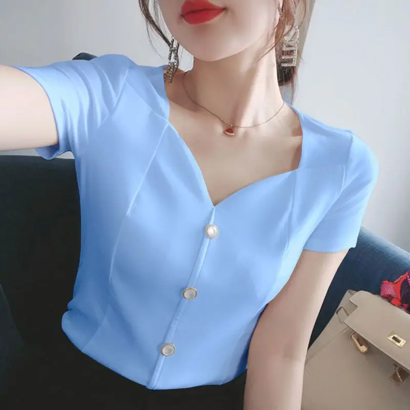 Elegant V-Neck Button Solid Color Blouse Female Clothing 2024 Summer New Commute Tops All-match Office Lady Shirt