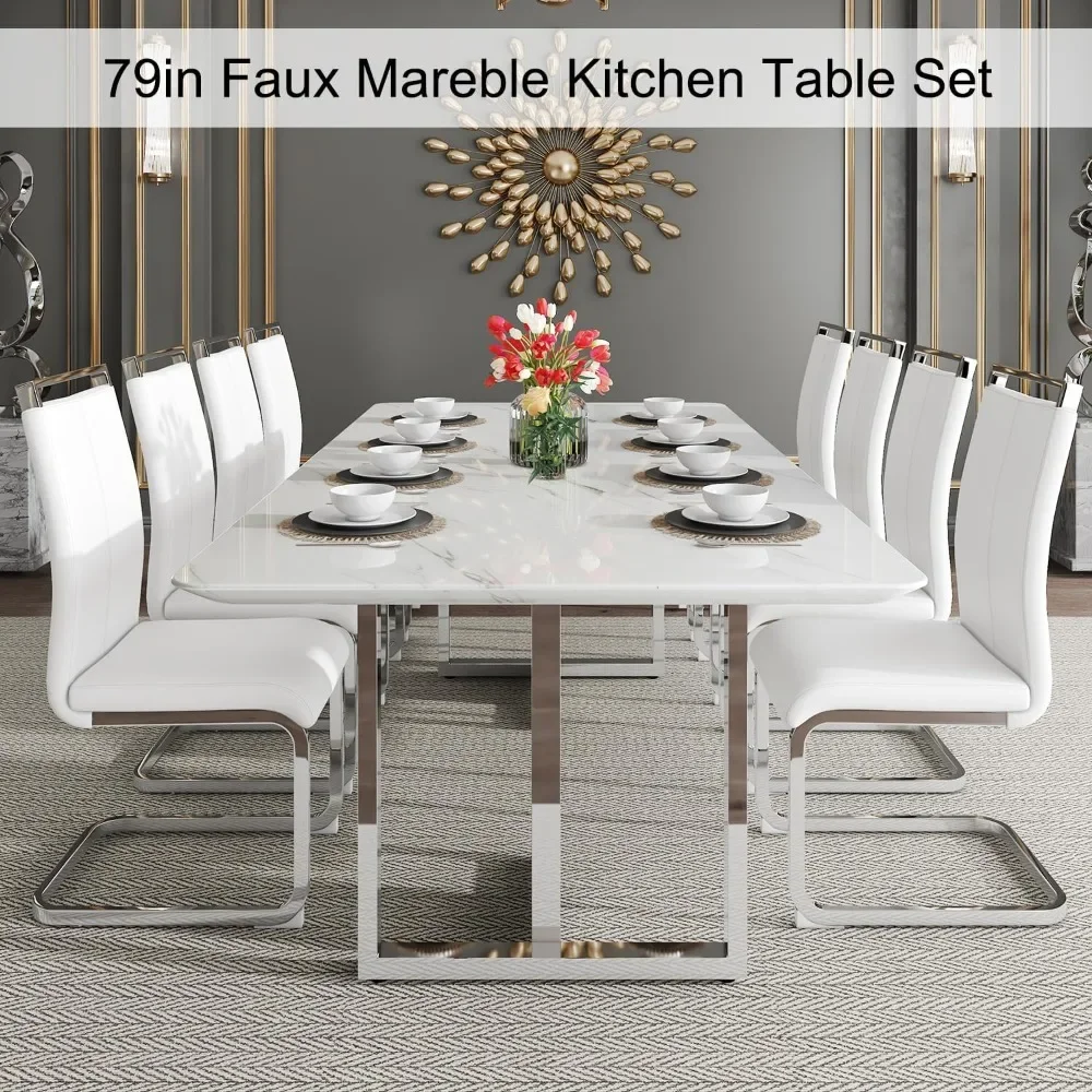 79Modern Dining Table Set for8White Kitchen Table Set,Luxury Dining Table Set with1.8-inch Thick Faux Marble Top8PuLeather