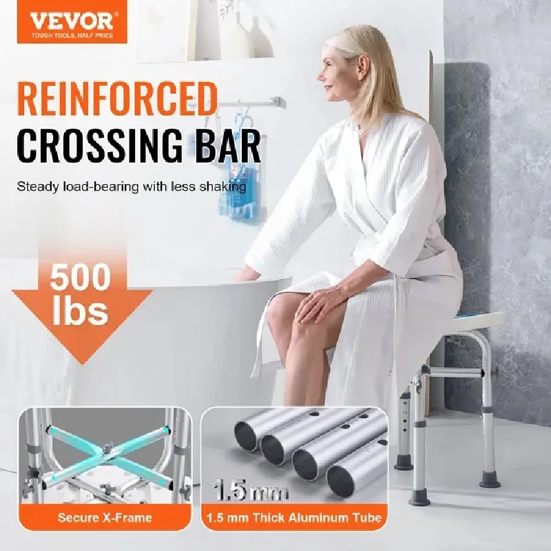 VEVOR Shower Chair for Inside Shower, Adjustable Height Shower Stool with Crossbar Support, Shower Seat for Shower Tub, Non-Slip